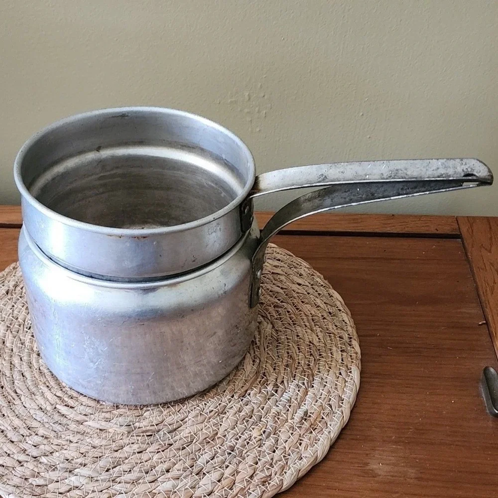 Buckeye Aluminum Double Boiler 2 Quart Silver Good Vintage 20 Gauge Mid Century